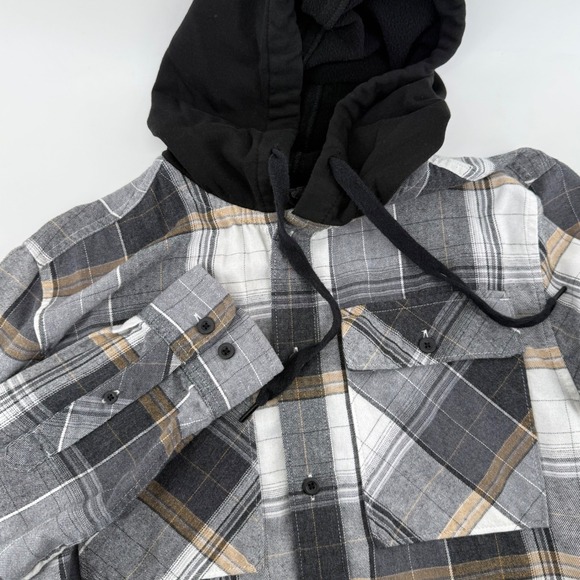 No Boundaries Other - No Boundaries Plaid Flannel Shirt Hooded Jacket Gray White Brown Mens XS